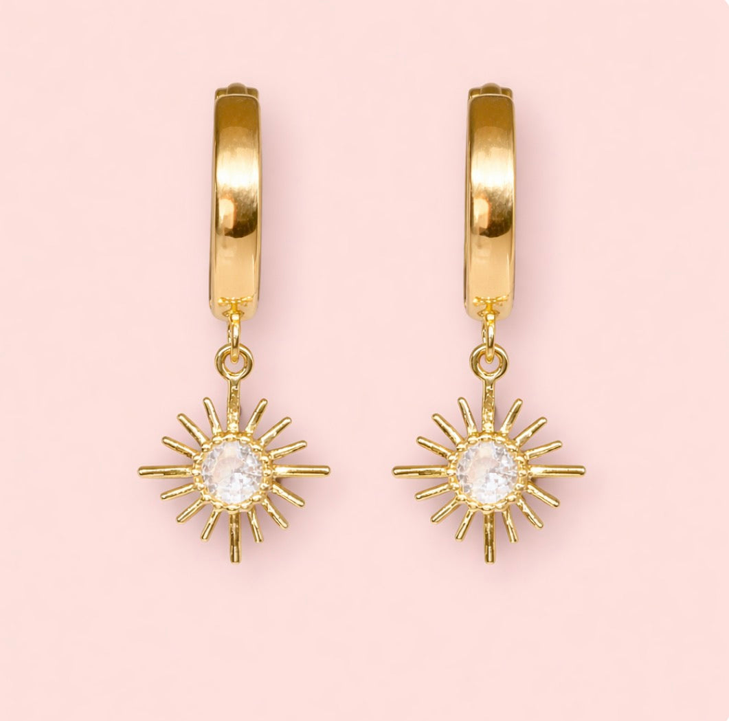 18K Gold Plated Huggies Hoop Sunburst celestial charm Earrings dangly