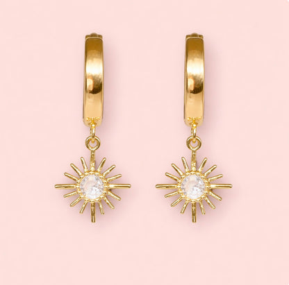 18K Gold Plated Huggies Hoop Sunburst celestial charm Earrings dangly