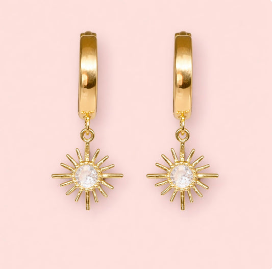 18K Gold Plated Huggies Hoop Sunburst celestial charm Earrings dangly