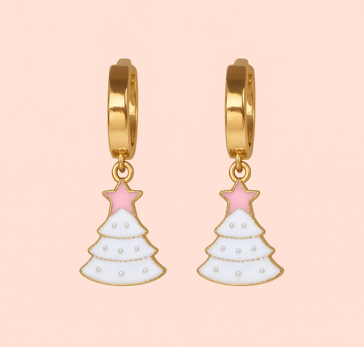 18K Gold Plated Huggies Hoop Earrings with Christmas Tree Charms Pink & White Festive dangly