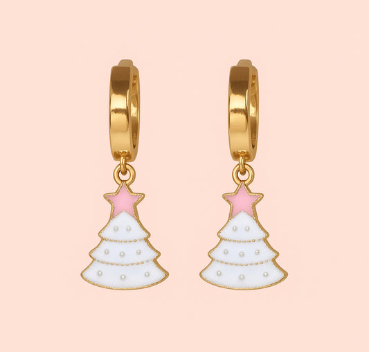 18K Gold Plated Huggies Hoop Earrings with Christmas Tree Charms Pink & White Festive dangly