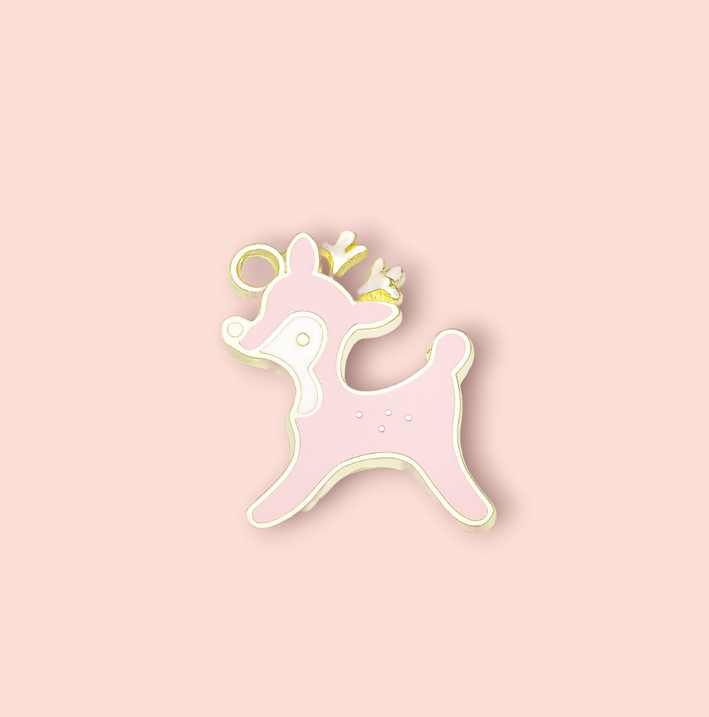 18K Gold Plated Huggies Hoop Earrings with pink Reindeer Bambi charm - Christmas Festive dangly