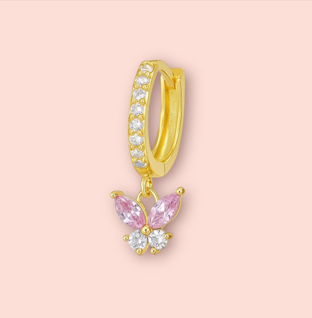 Pink Butterfly Triple Stacking set - 18K Gold Plated Huggies hoops & stud 6 piece stacking set ~ cubic zirconia stone charm earrings