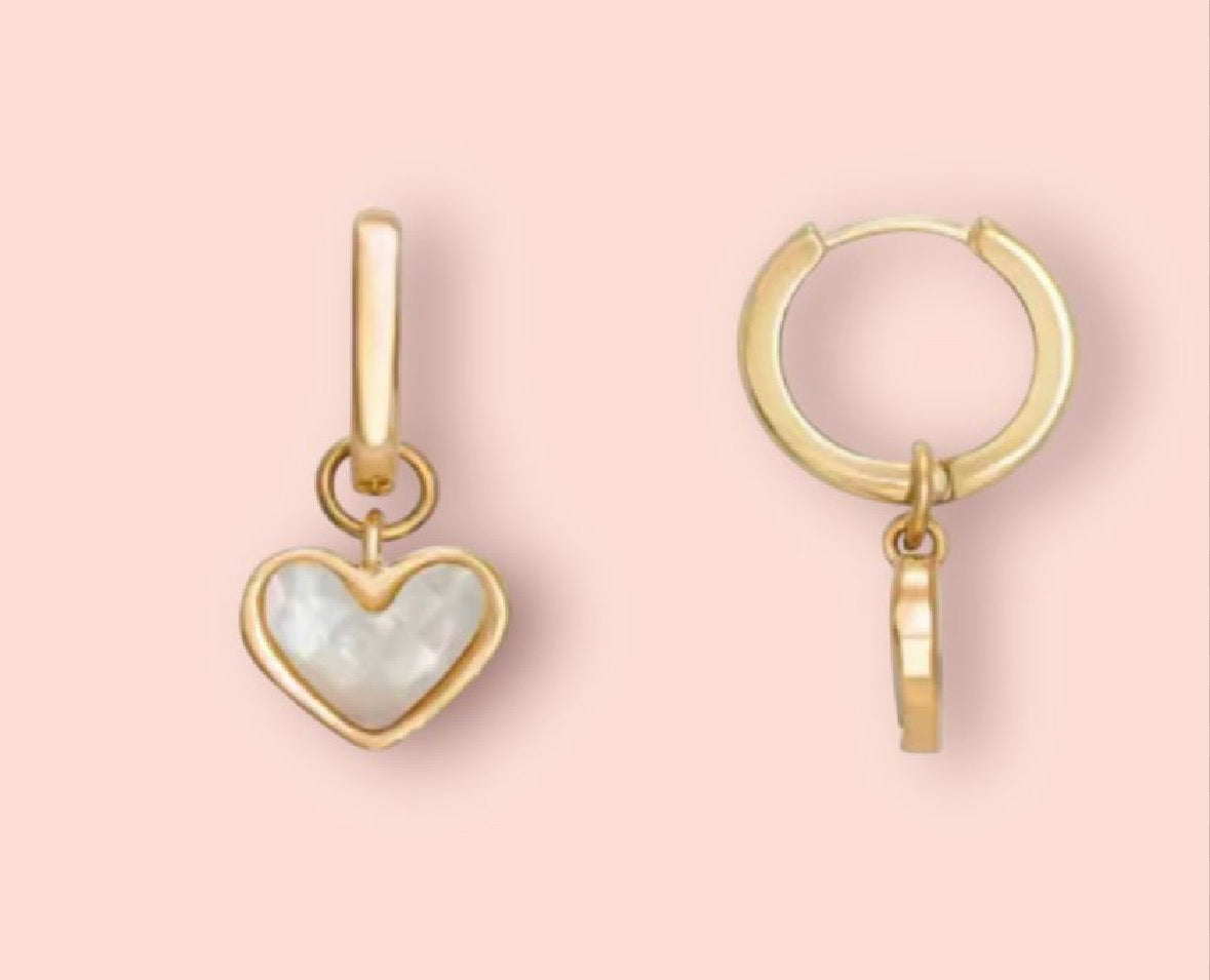 Jewellery Set - White Quartz Heart 18K Gold Plated Chain Necklace & matching Huggie hoop earrings - Wedding jewellery