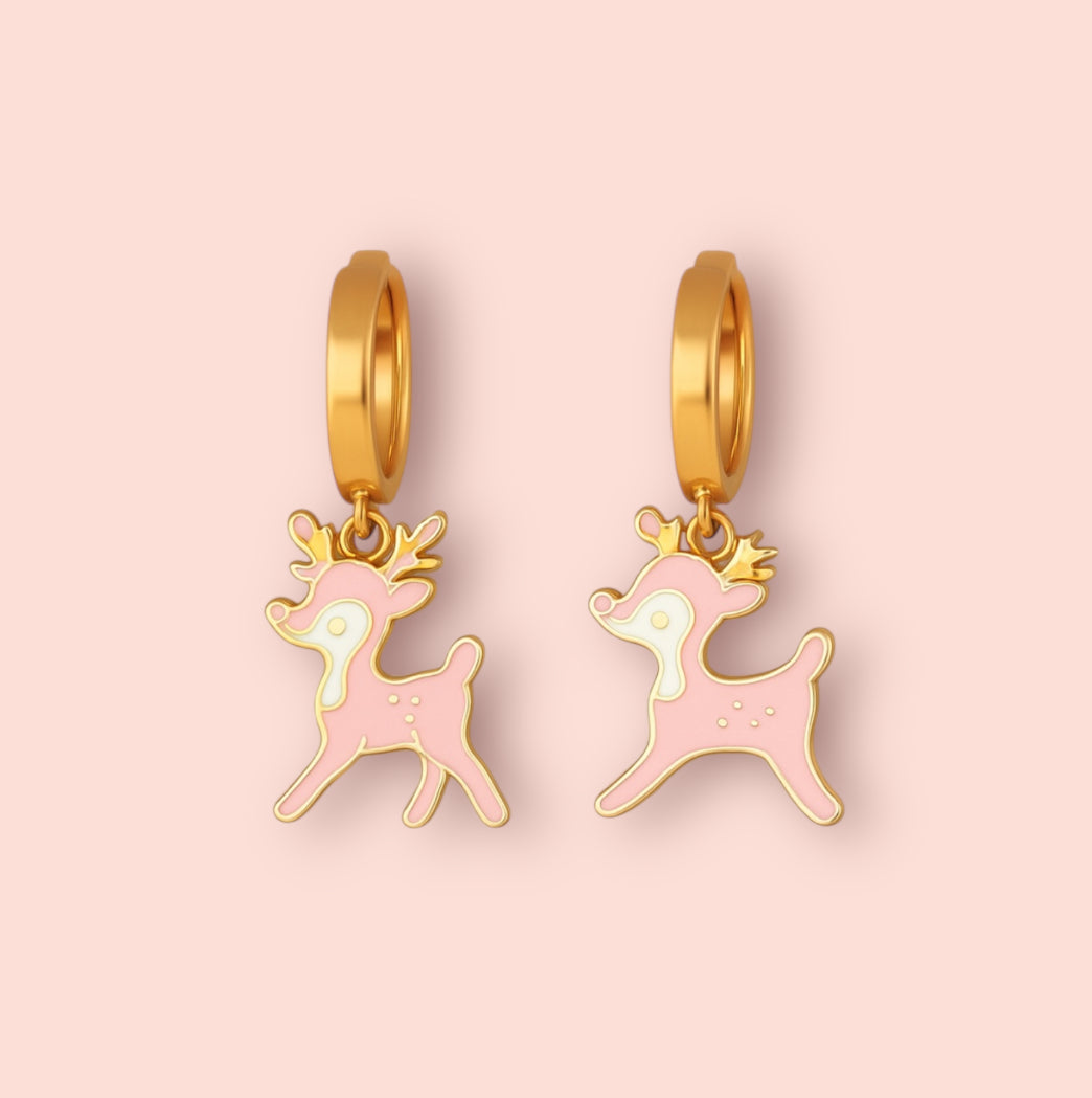 18K Gold Plated Huggies Hoop Earrings with pink Reindeer Bambi charm - Christmas Festive dangly