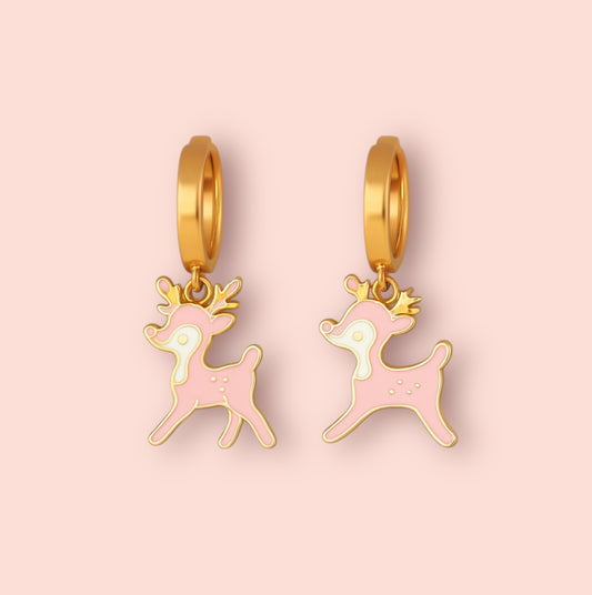 18K Gold Plated Huggies Hoop Earrings with pink Reindeer Bambi charm - Christmas Festive dangly