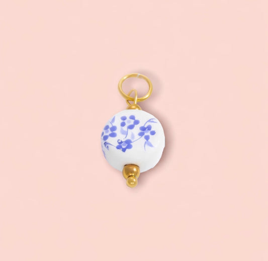 18K Gold Plated Blue White flower painted enamel charm