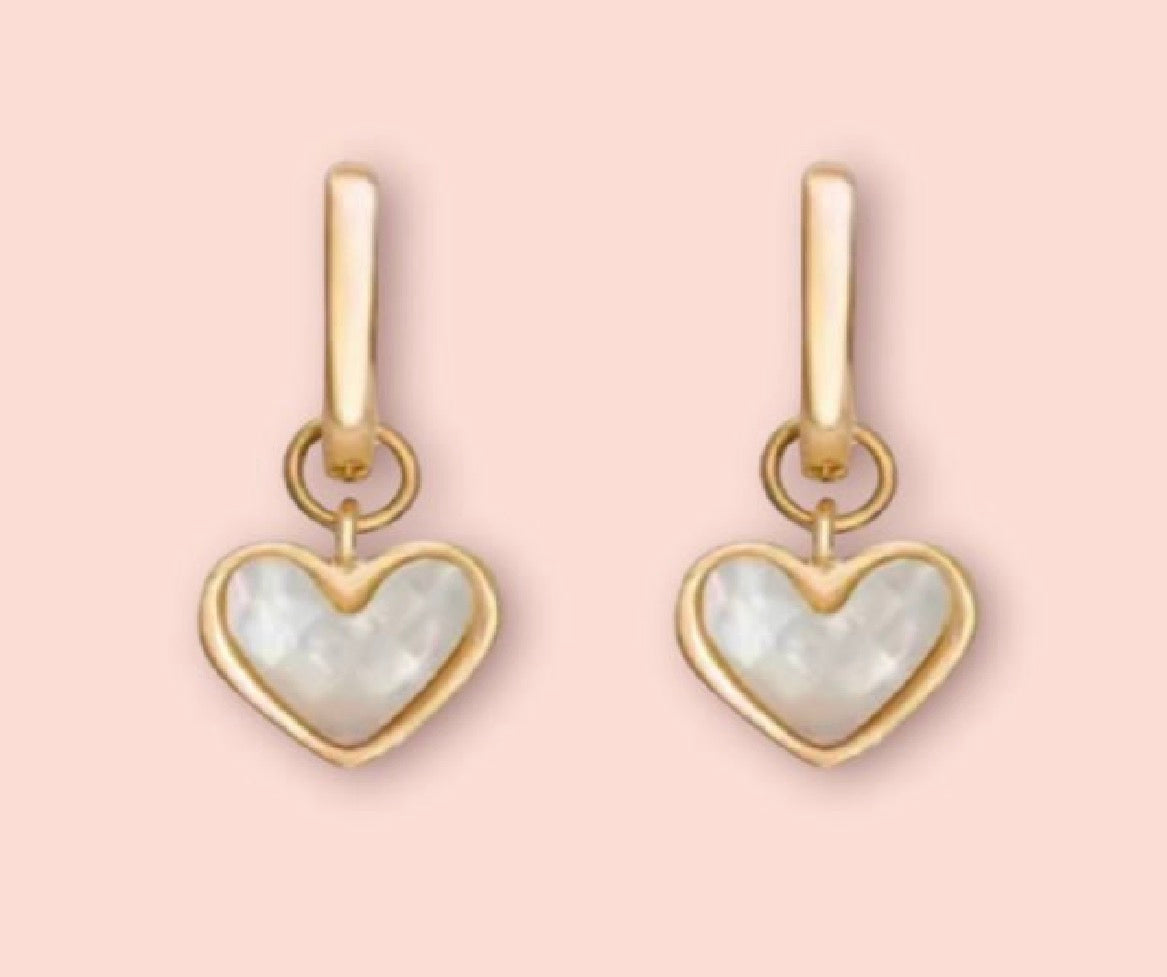 Jewellery Set - White Quartz Heart 18K Gold Plated Chain Necklace & matching Huggie hoop earrings - Wedding jewellery