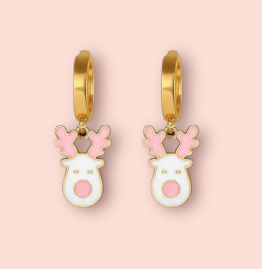 18K Gold Plated Huggies Hoop Earrings with pink & white Reindeer charm - Christmas Festive dangly
