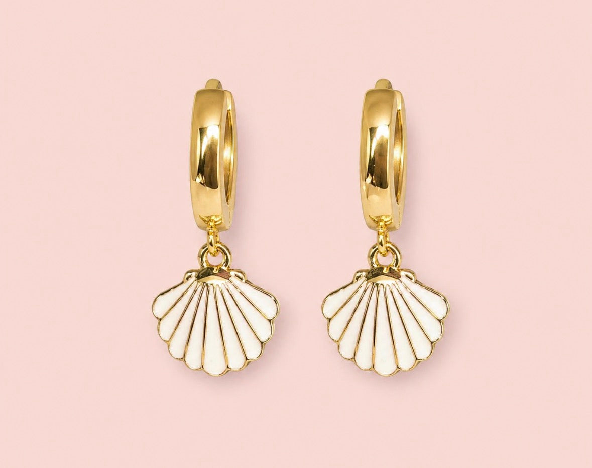 18K Gold Plated White Scallop Shell Huggies Hoop Earrings