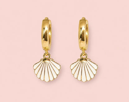 18K Gold Plated White Scallop Shell Huggies Hoop Earrings