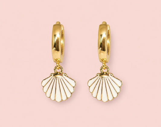 18K Gold Plated White Scallop Shell Huggies Hoop Earrings