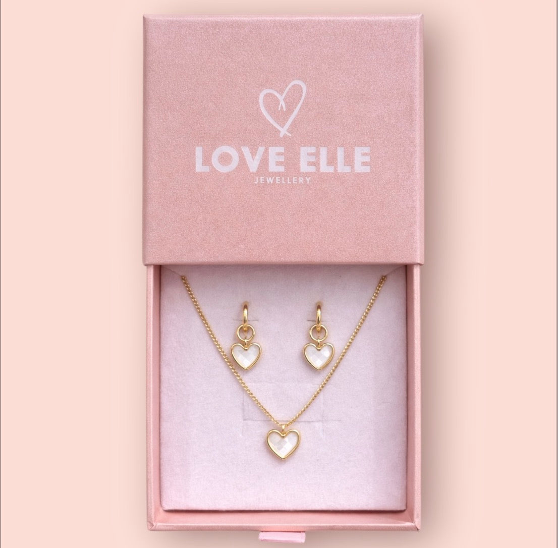 Jewellery Set - White Quartz Heart 18K Gold Plated Chain Necklace & matching Huggie hoop earrings - Wedding jewellery