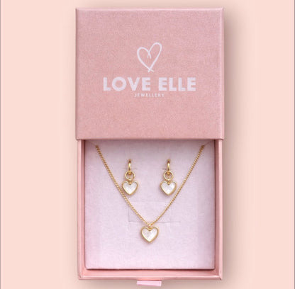 Jewellery Set - White Quartz Heart 18K Gold Plated Chain Necklace & matching Huggie hoop earrings - Wedding jewellery