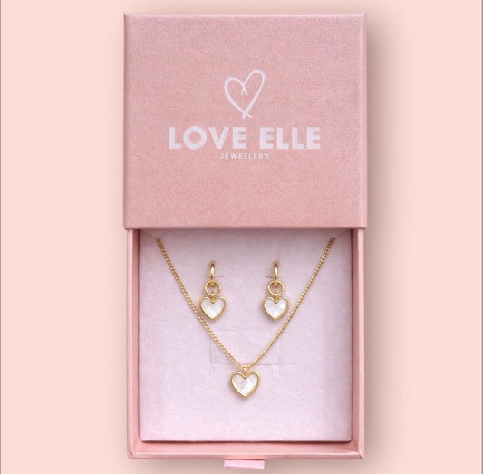 Jewellery Set - White Quartz Heart 18K Gold Plated Chain Necklace & matching Huggie hoop earrings - Wedding jewellery