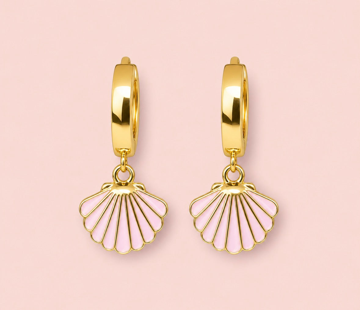 18K Gold Plated Pink Scallop Shell Huggies Hoop Earrings ocean charm
