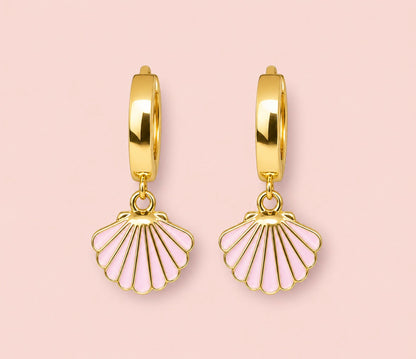 18K Gold Plated Pink Scallop Shell Huggies Hoop Earrings ocean charm