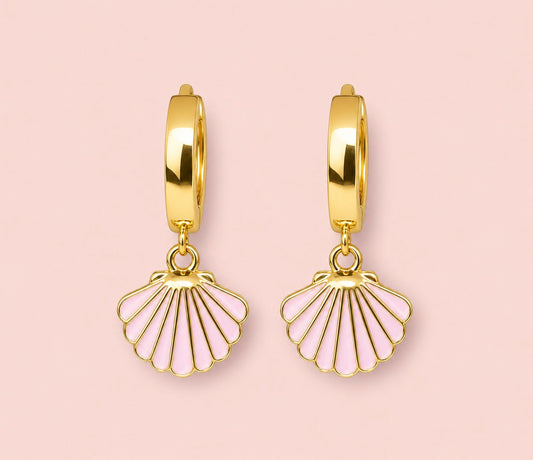 18K Gold Plated Pink Scallop Shell Huggies Hoop Earrings ocean charm
