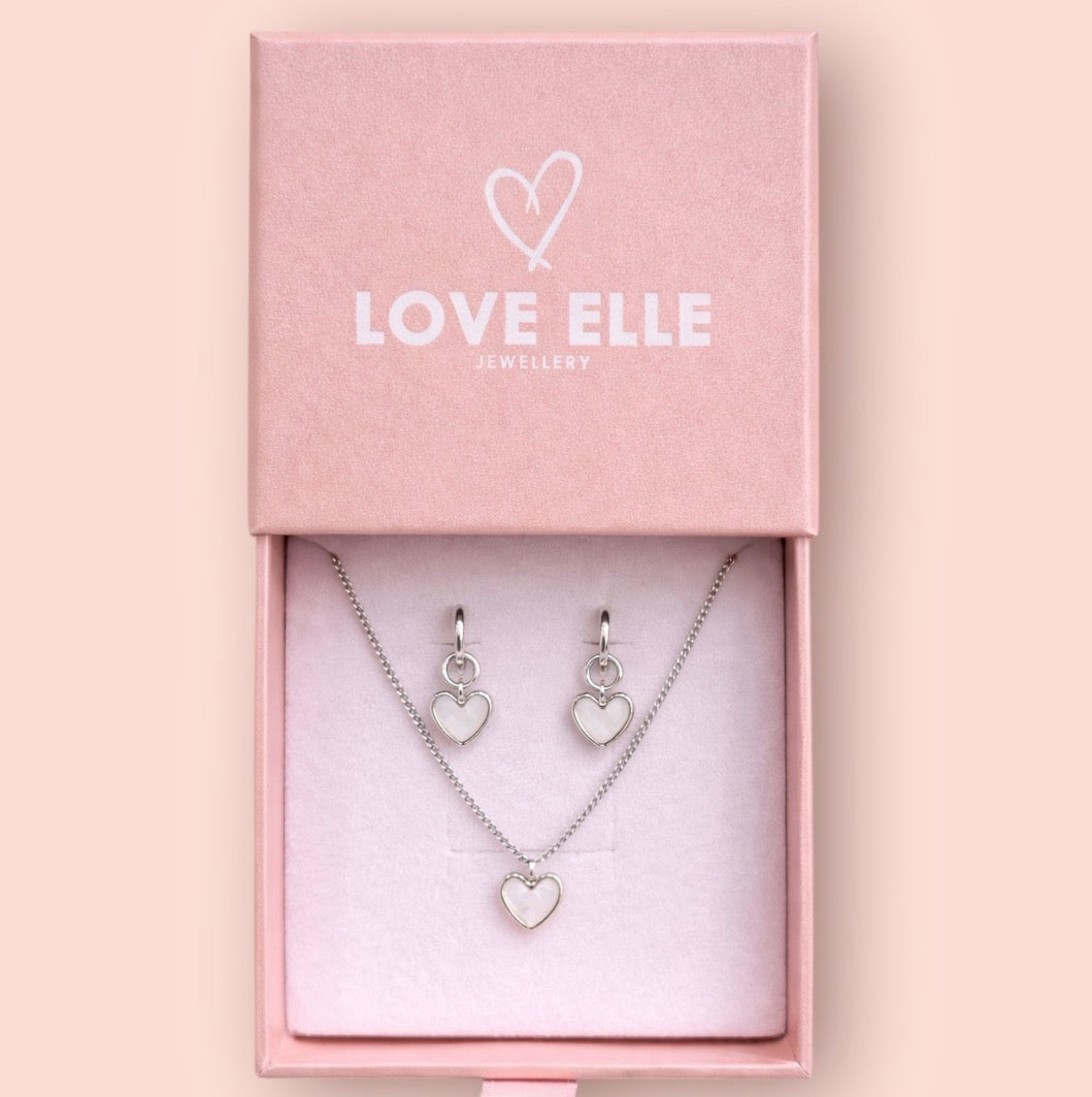 Jewellery Set - White Quartz Heart 925 Sterling Silver plated Chain Necklace & matching Huggie hoop earrings - Wedding jewellery