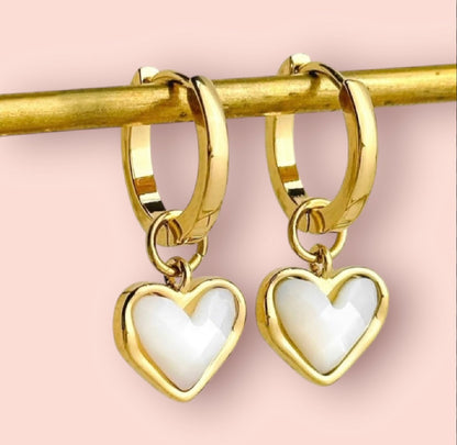 Jewellery Set - White Quartz Heart 18K Gold Plated Chain Necklace & matching Huggie hoop earrings - Wedding jewellery
