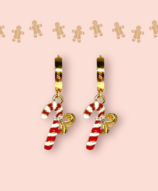 18K Gold Plated Huggies Hoop Earrings with Candy Cane charm - Christmas Festive danglyi