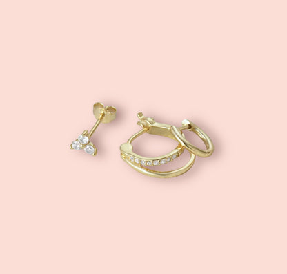 Beau Triple Stacking set - 18K Gold Plated Huggies hoops & stud 6 piece stacking set ~ cubic zirconia stone charm earrings