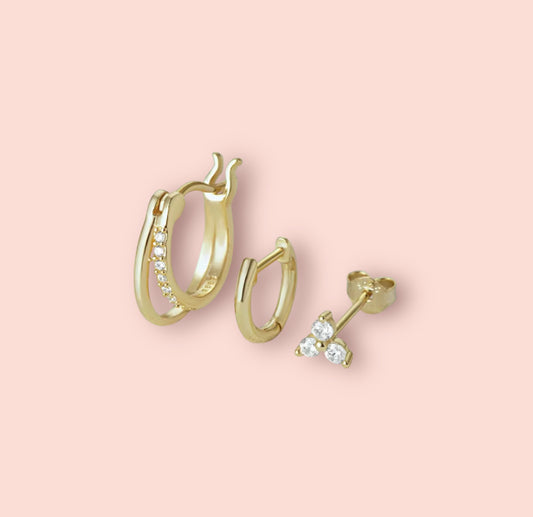 Beau Triple Stacking set - 18K Gold Plated Huggies hoops & stud 6 piece stacking set ~ cubic zirconia stone charm earrings
