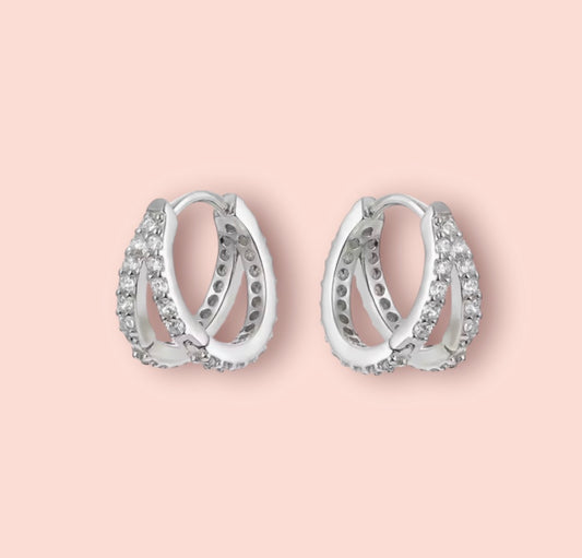 925 Sterling Silver Cubic Zirconia Clear Gem Sparkle Double 14mm Hoop Earrings