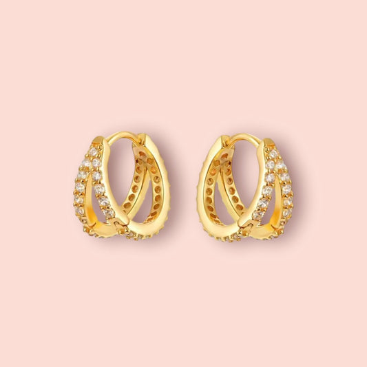 18K Gold Plated Cubic Zirconia Clear Gem Sparkle Double 14mm Hoop Earrings