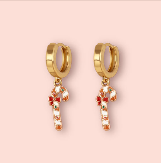18K Gold Plated Huggies Hoop Earrings with Gingerbread Candy Cane charm - Christmas Festive