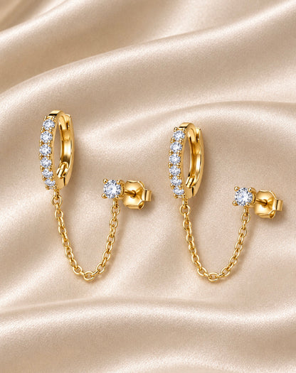 14K Gold Plated Cubic Zirconia Clear Gem Sparkle Mini Hoop Chain Stud  Earrings