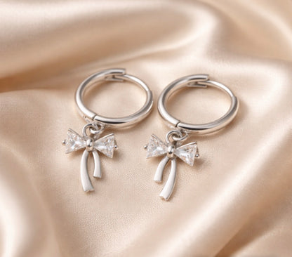 925 Sterling Silver Sparkle Bow 11mm Hoop Earrings