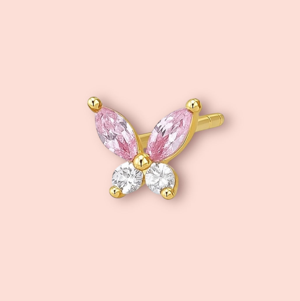 Pink Butterfly Triple Stacking set - 18K Gold Plated Huggies hoops & stud 6 piece stacking set ~ cubic zirconia stone charm earrings