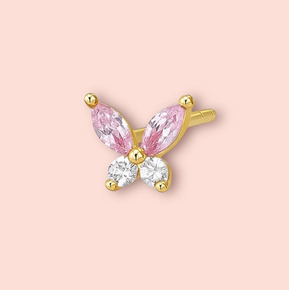 Pink Butterfly Triple Stacking set - 18K Gold Plated Huggies hoops & stud 6 piece stacking set ~ cubic zirconia stone charm earrings