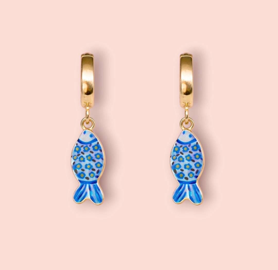 18K Gold Plated Hand painted blue Fish Enamel Charm Huggies earrings coastal beach
