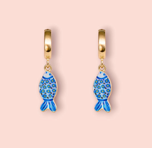 18K Gold Plated Hand painted blue Fish Enamel Charm Huggies earrings coastal beach