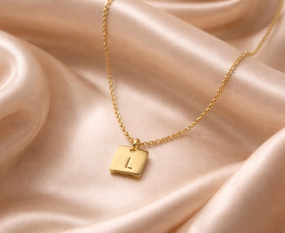 18K Gold Plated Square Pendant Personalised Initial Letter Necklace Chain