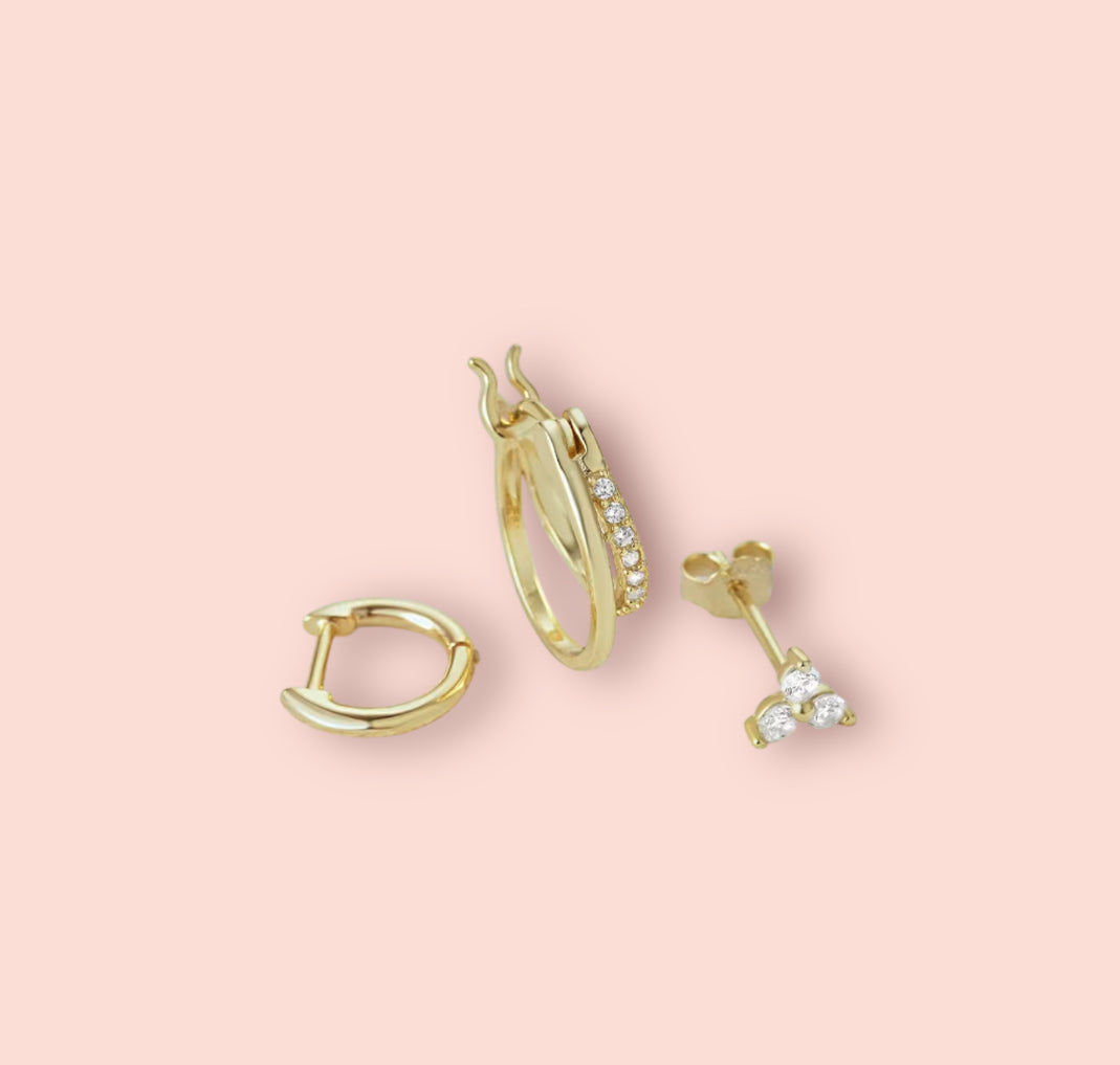 Beau Triple Stacking set - 18K Gold Plated Huggies hoops & stud 6 piece stacking set ~ cubic zirconia stone charm earrings