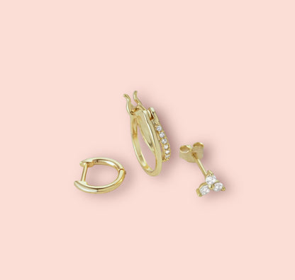 Beau Triple Stacking set - 18K Gold Plated Huggies hoops & stud 6 piece stacking set ~ cubic zirconia stone charm earrings