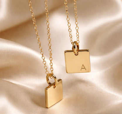 18K Gold Plated Square Pendant Personalised Initial Letter Necklace Chain