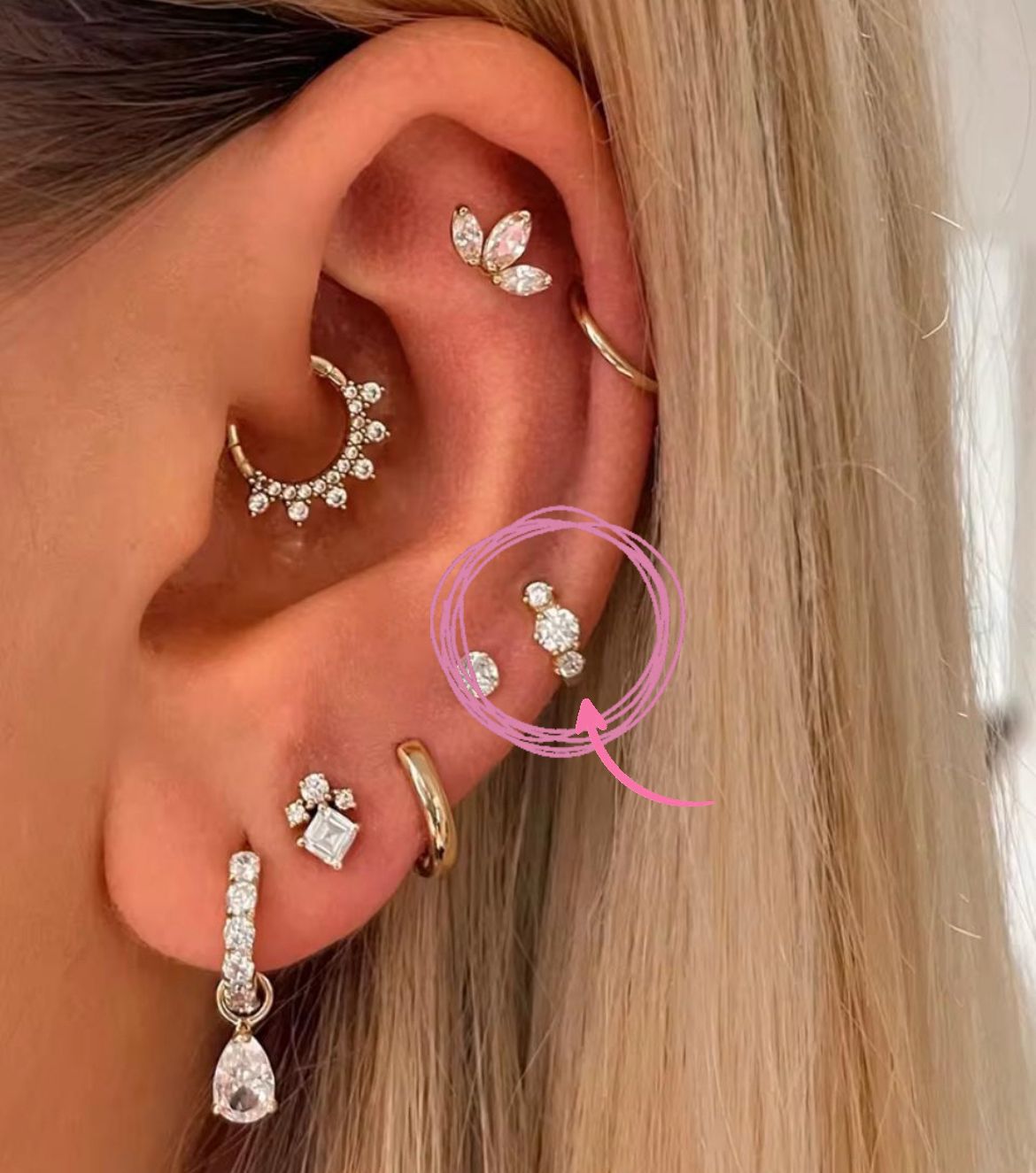 18K Gold Plated Mini Triple Gem Earring/ Cartilage Tragus Helix Huggie hoop with sparkly cubic zirconia stones!