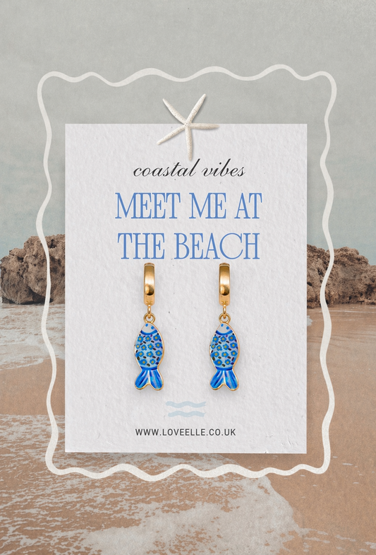 18K Gold Plated Hand painted blue Fish Enamel Charm Huggies earrings coastal beach