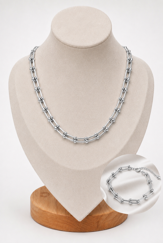 Silver Link Hardware Paperclip Chain Necklace & Bracelet Jewellery Set PVD coated waterproof