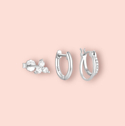 Beau Triple Stacking set - 925 Sterling Silver Huggies hoops & stud 6 piece stacking set ~ cubic zirconia stone charm earrings