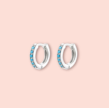 925 Sterling Silver Cubic Zirconia Turquoise Gem 11mm mini Hoop Earrings