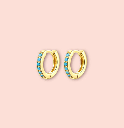 18K Gold Plated Turquoise Blue Stone 11mm Mini Hoop Earrings