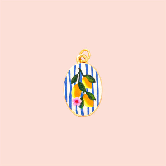 18K Gold Plated Hand painted blue white Lemon Fruits Enamel Charm