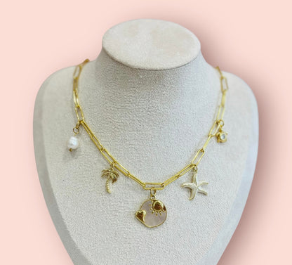 18K Gold Plated Costal Beach Charm Paperclip Necklace