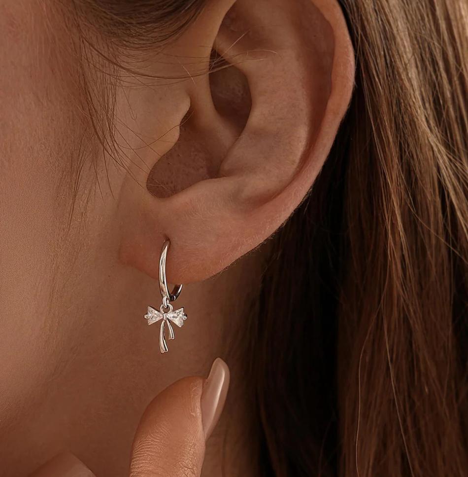 925 Sterling Silver Sparkle Bow 11mm Hoop Earrings