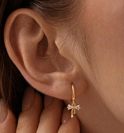 18K Gold Plated Sparkle Bow 11mm Hoop Earrings